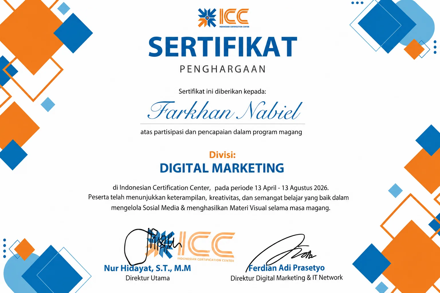 Sertifikat penghargaan program magang Digital Marketing untuk Farkhan Nabiel dari Indonesian Certification Center.