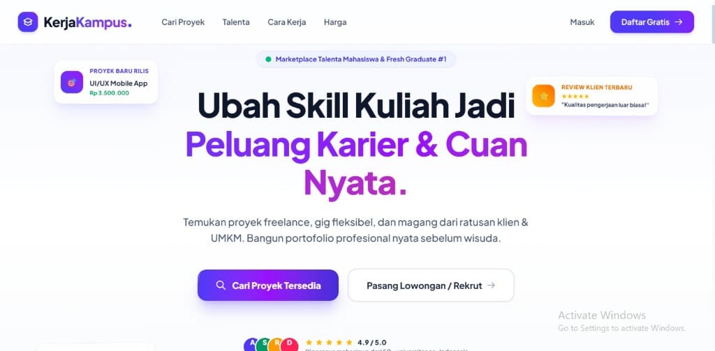 KerjaKampus landing page desktop interface with hero headline and call-to-actions