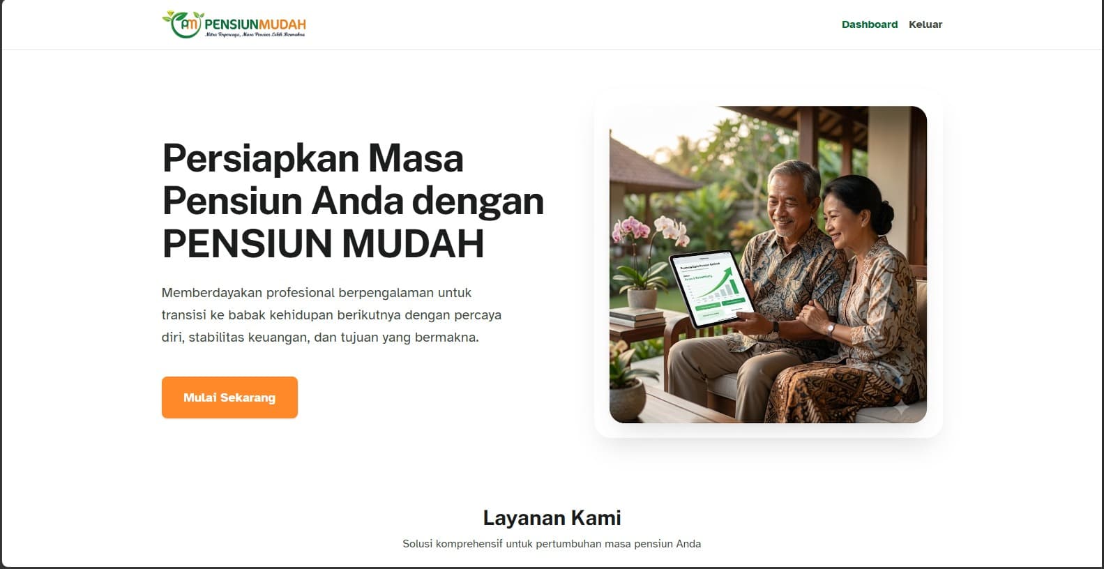 Pensiun Mudah product screens: landing, login, dashboard, and navigation